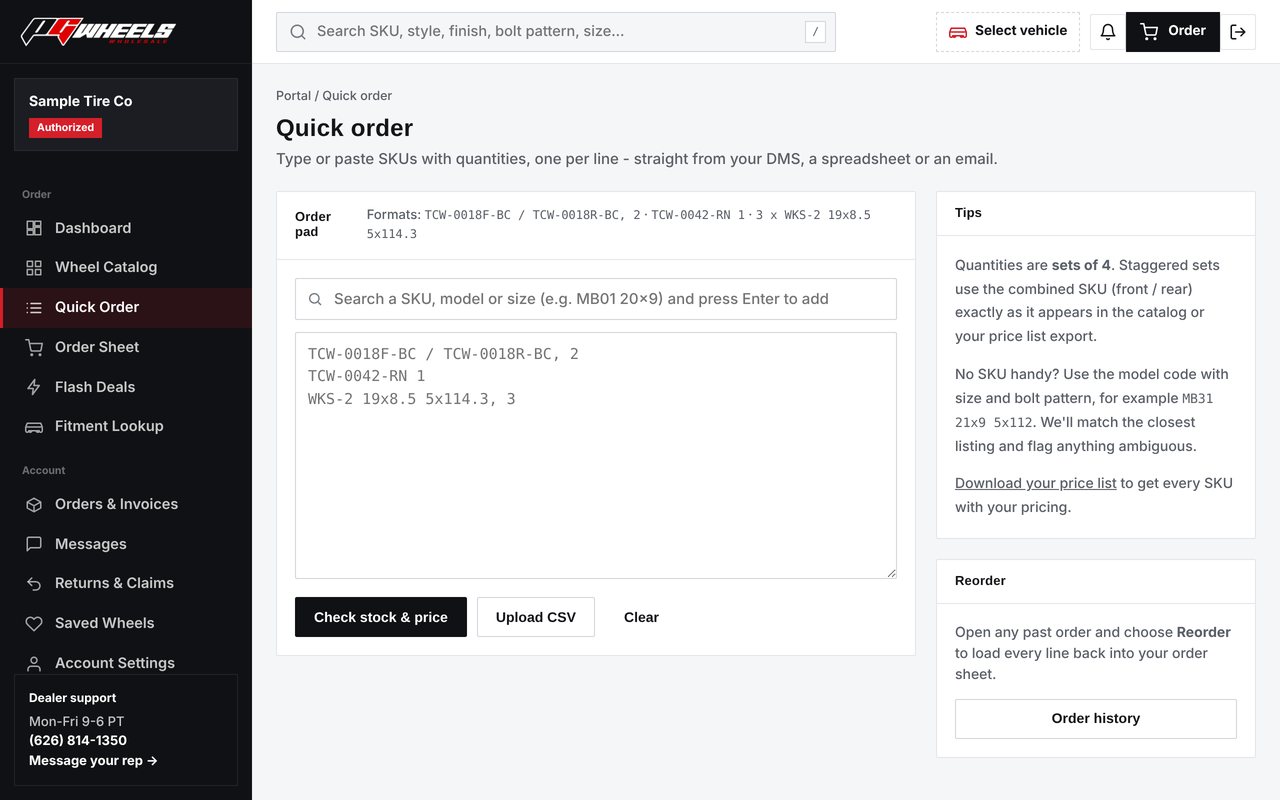 Screenshot of the PG Wheels dealer portal Quick Order screen, where dealers paste SKUs and quantities to check stock and price